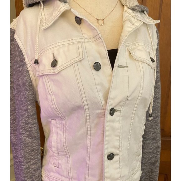 Free People Distressed Denim Jacket Women Small French Terry Removeable Hoodie - Picture 7 of 16